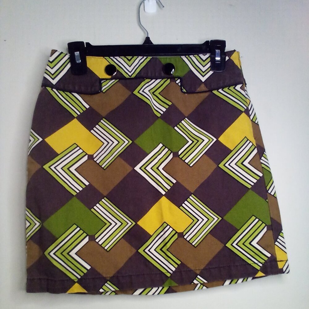Loft Skirt Women 0P 0 Petite Retro Look 100% Cotton Pattern Brown Green